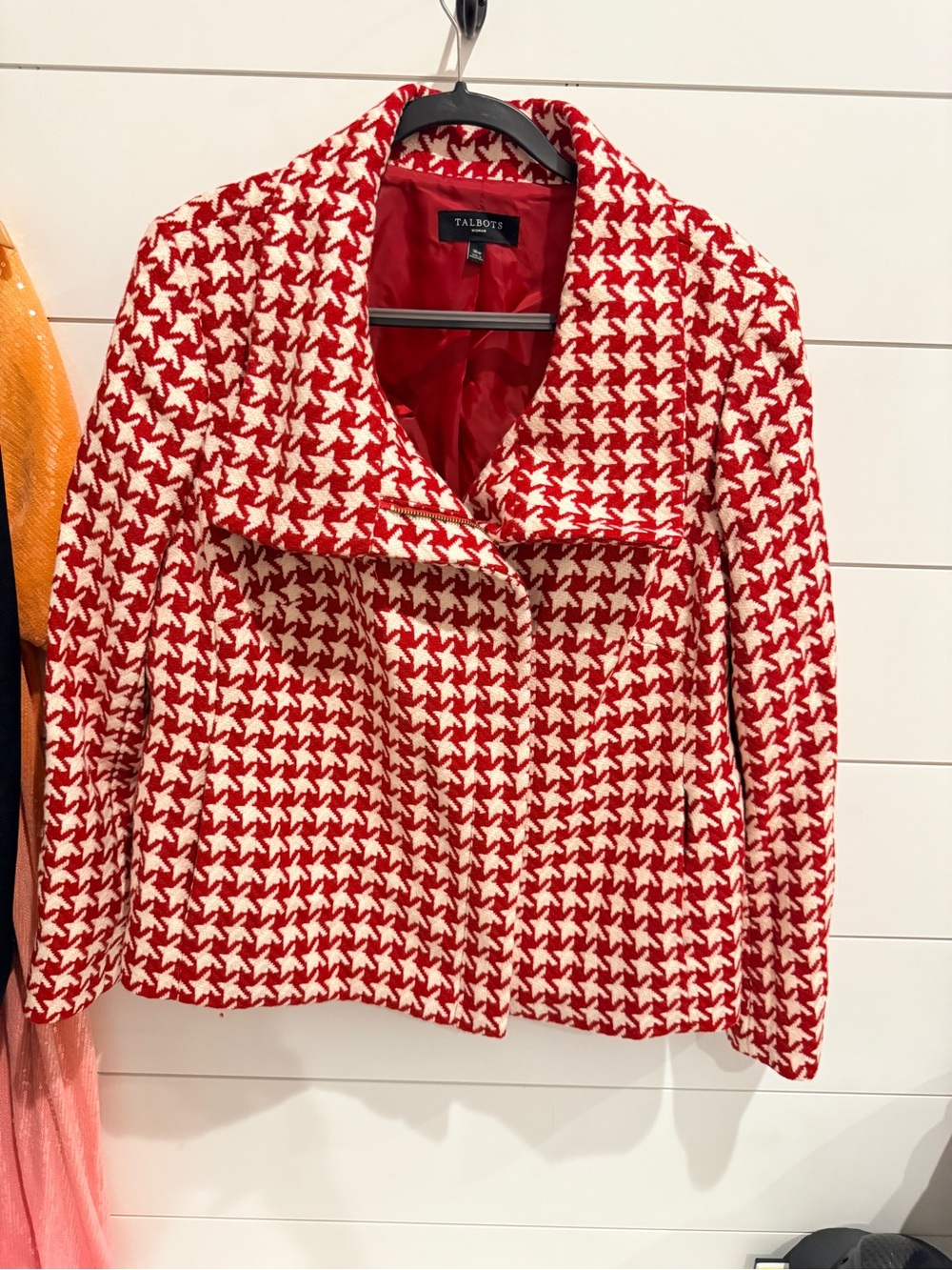 Talbots Red and White Houndstooth Peacoat-Style Jacket